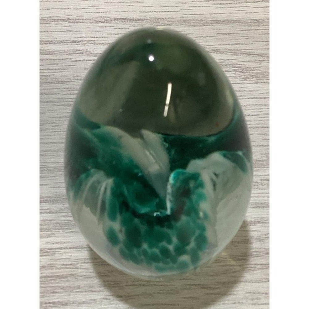 Art Deco Glass Paperweight 1.5x2.75" Green & White Petals Egg Shape